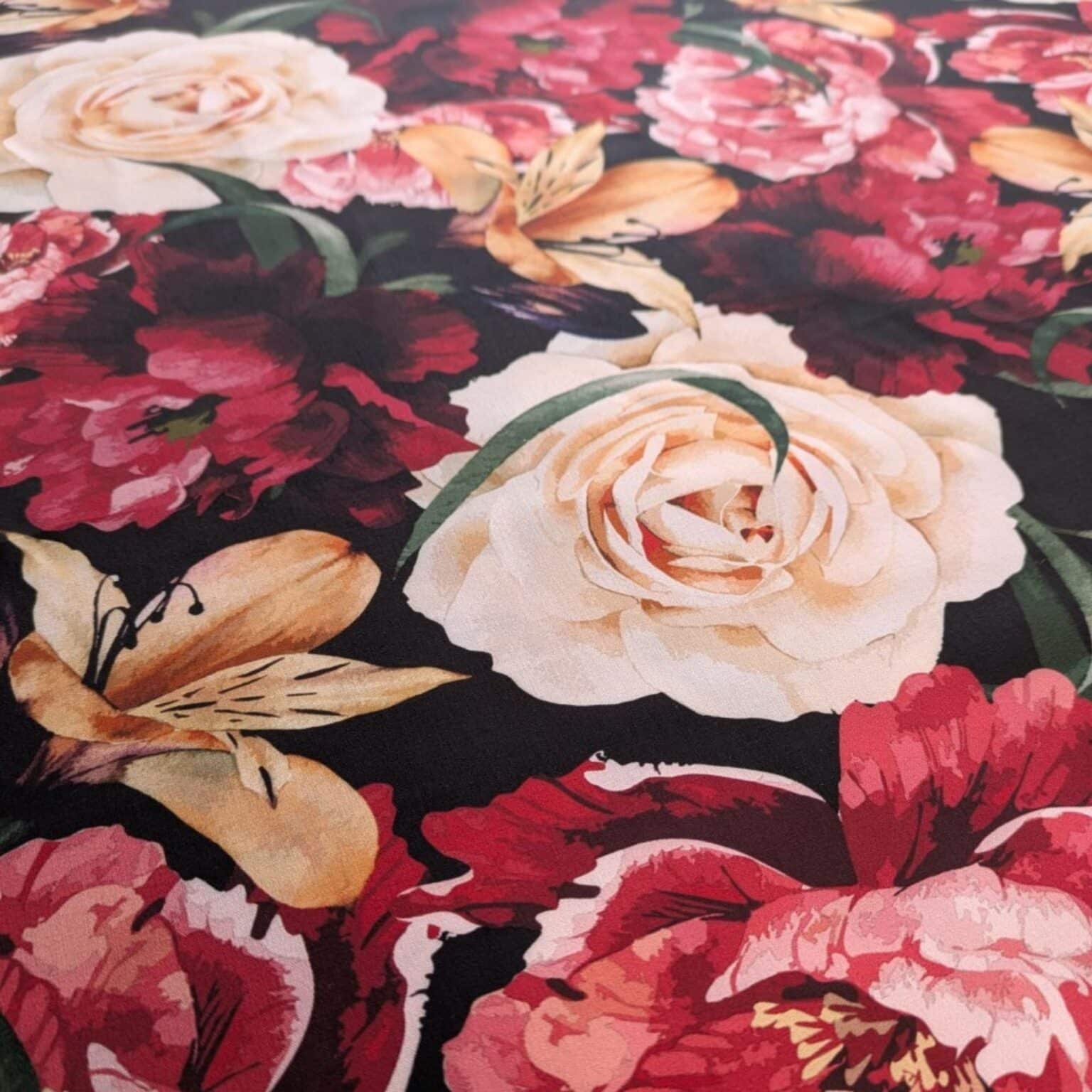 Viscose Fabric Rose And Lily Print On Black Digital Print 140cms Wide