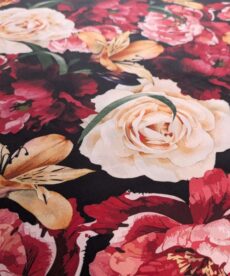 Viscose Fabric Rose And Lily Print On Black Digital Print 140cms Wide
