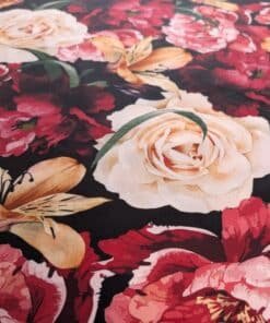 Viscose Fabric Rose And Lily Print On Black Digital Print 140cms Wide