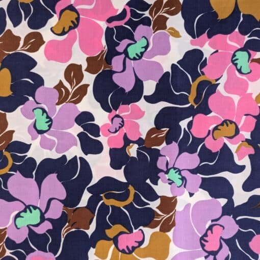 Cotton Satin Fabric Floral In Pinks & Navy 145cm Wide