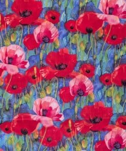 Viscose Fabric Poppies On Blue Digital Print 140cms Wide