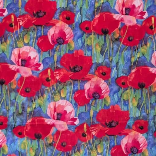 Viscose Fabric Poppies On Blue Digital Print 140cms Wide