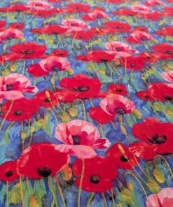 Viscose Fabric Poppies On Blue Digital Print 140cms Wide