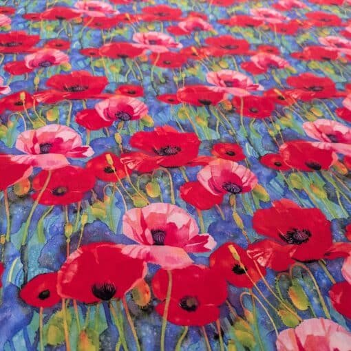 Viscose Fabric Poppies On Blue Digital Print 140cms Wide