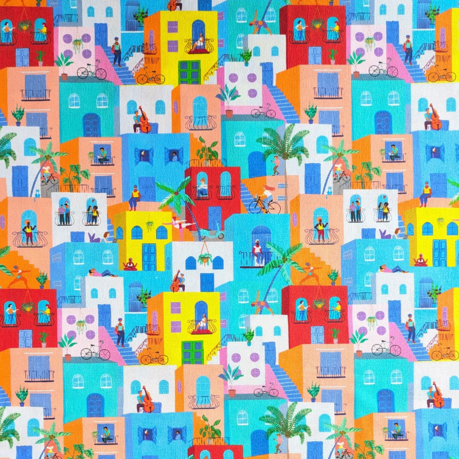 Cotton Fabric Coloured Buildings 145cm Wide
