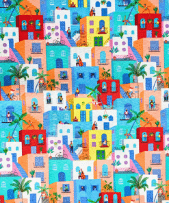 Cotton Fabric Colourful Buildings. Digital print cotton fabric with a bright building pattern