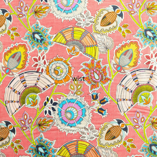 Cotton Fabric Floral and Fans on Red 110cm Wide