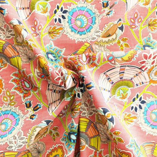 Cotton Fabric Floral and Fans on Red 110cm Wide at More Sewing