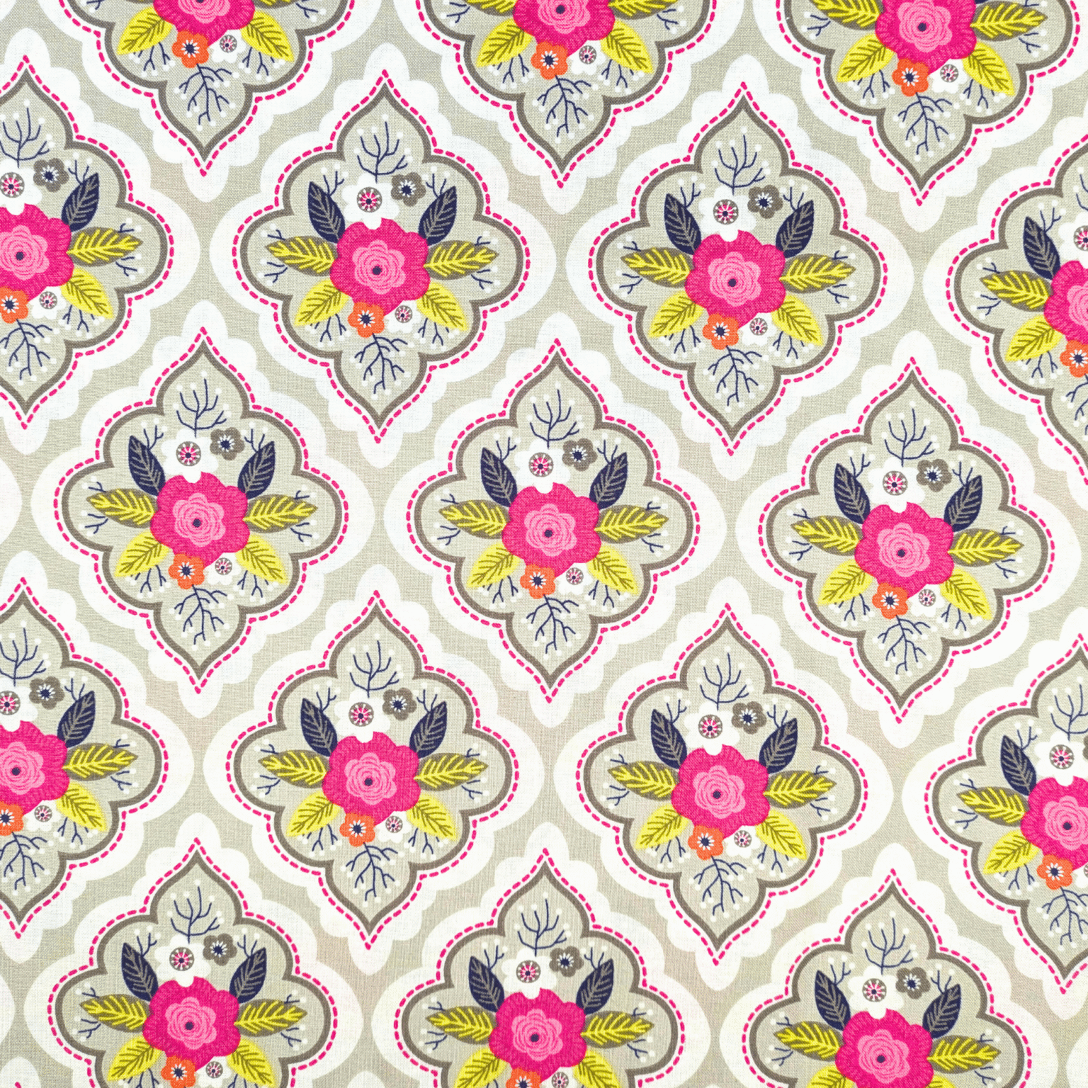 Cotton Fabric Floral Diamonds On Grey 110cm Wide