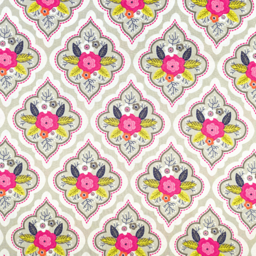 Cotton Fabric Floral Diamonds On Grey 110cm Wide