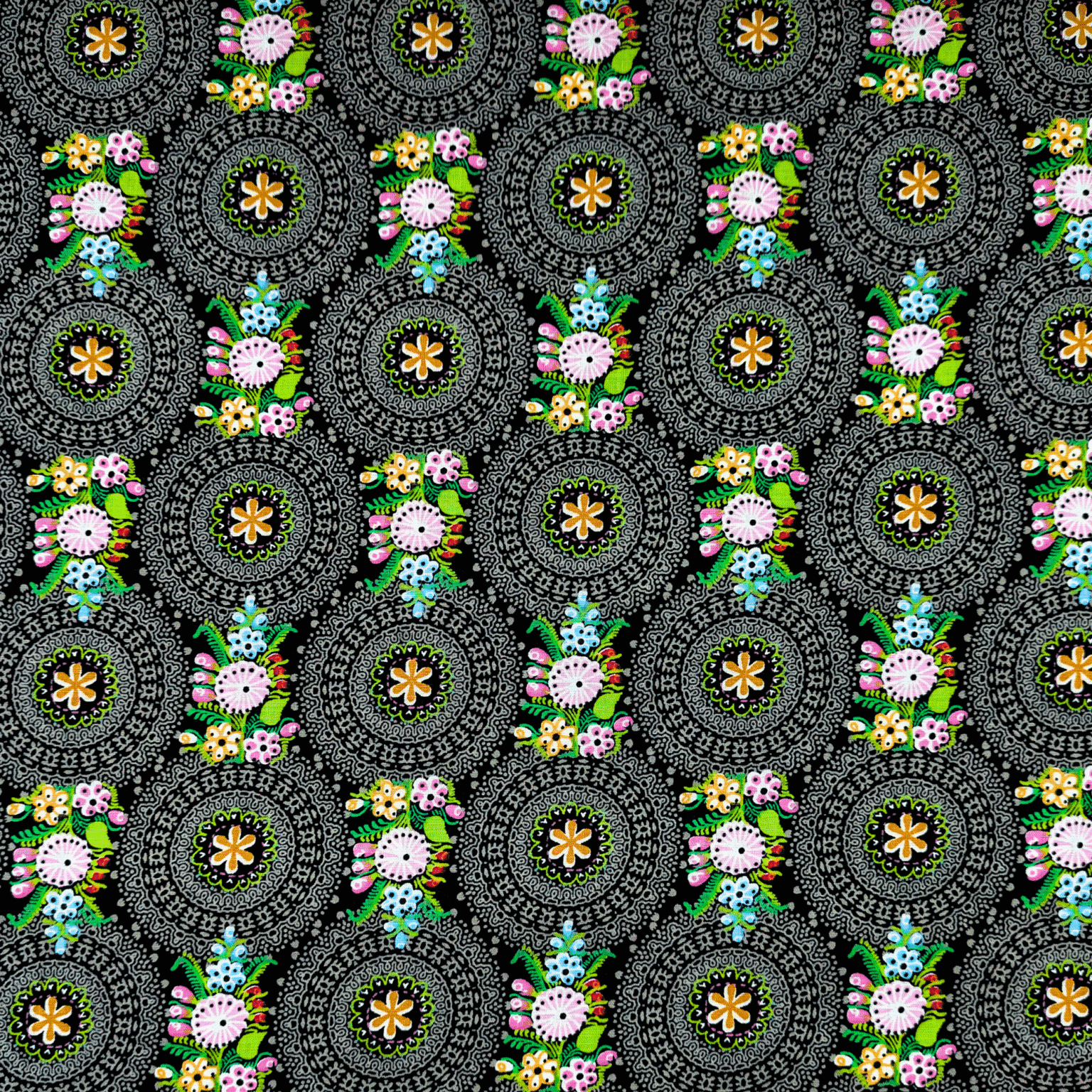 Cotton Fabric Floral Circles On Black 145cm Wide