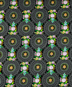 Cotton Fabric Floral Circles On Black 145cm Wide