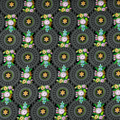 Cotton Fabric Floral Circles On Black 145cm Wide