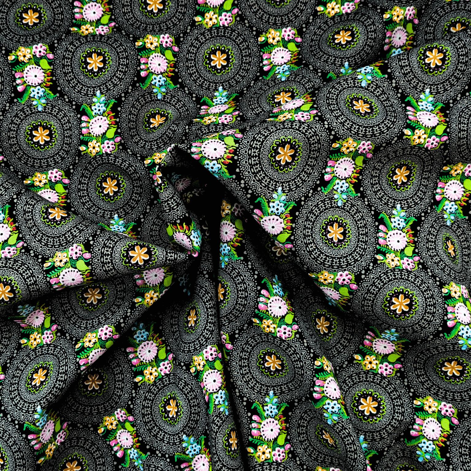 Cotton Fabric Floral Circles On Black 145cm Wide at More Sewing