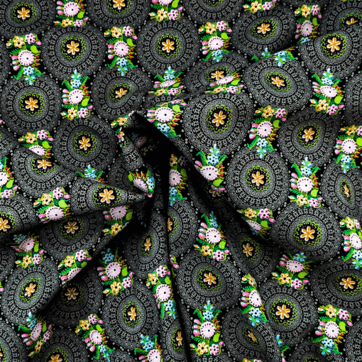Cotton Fabric Floral Circles On Black 145cm Wide at More Sewing