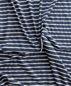 Viscose Blend Fabric Woven Stripe Jersey Fabric In Navy And White. 4 Way Stretch Woven Stripe Fabric.  Navy stripe approx 8mm wide. White stripe approx 4mm wide. Very soft, lightweight drapey jersey.