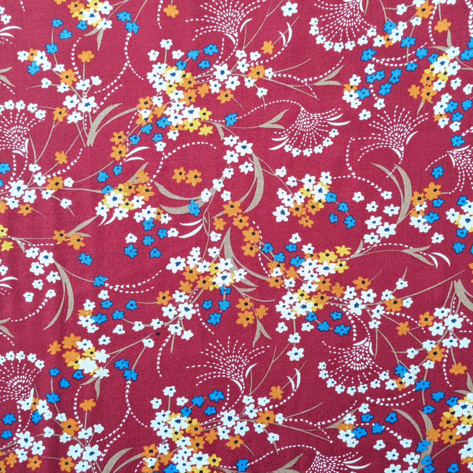 Floral Spray On Wine Red Viscose Fabric 140cm Wide