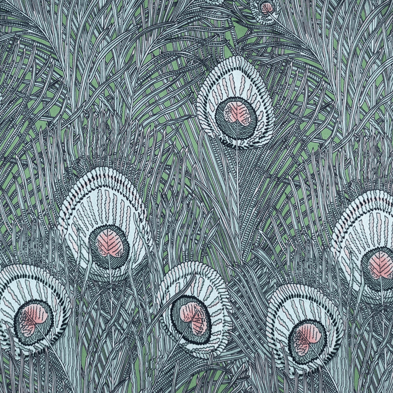 Silk Satin Fabric 16 Momme Peacock Feathers On Green 140cm Wide By The Half Metre