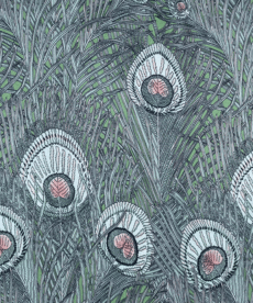 Silk Satin Fabric 16 Momme Peacock Feathers On Green 140cm Wide By The Half Metre