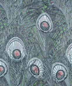 Silk Satin Fabric 16 Momme Peacock Feathers On Green 140cm Wide By The Half Metre