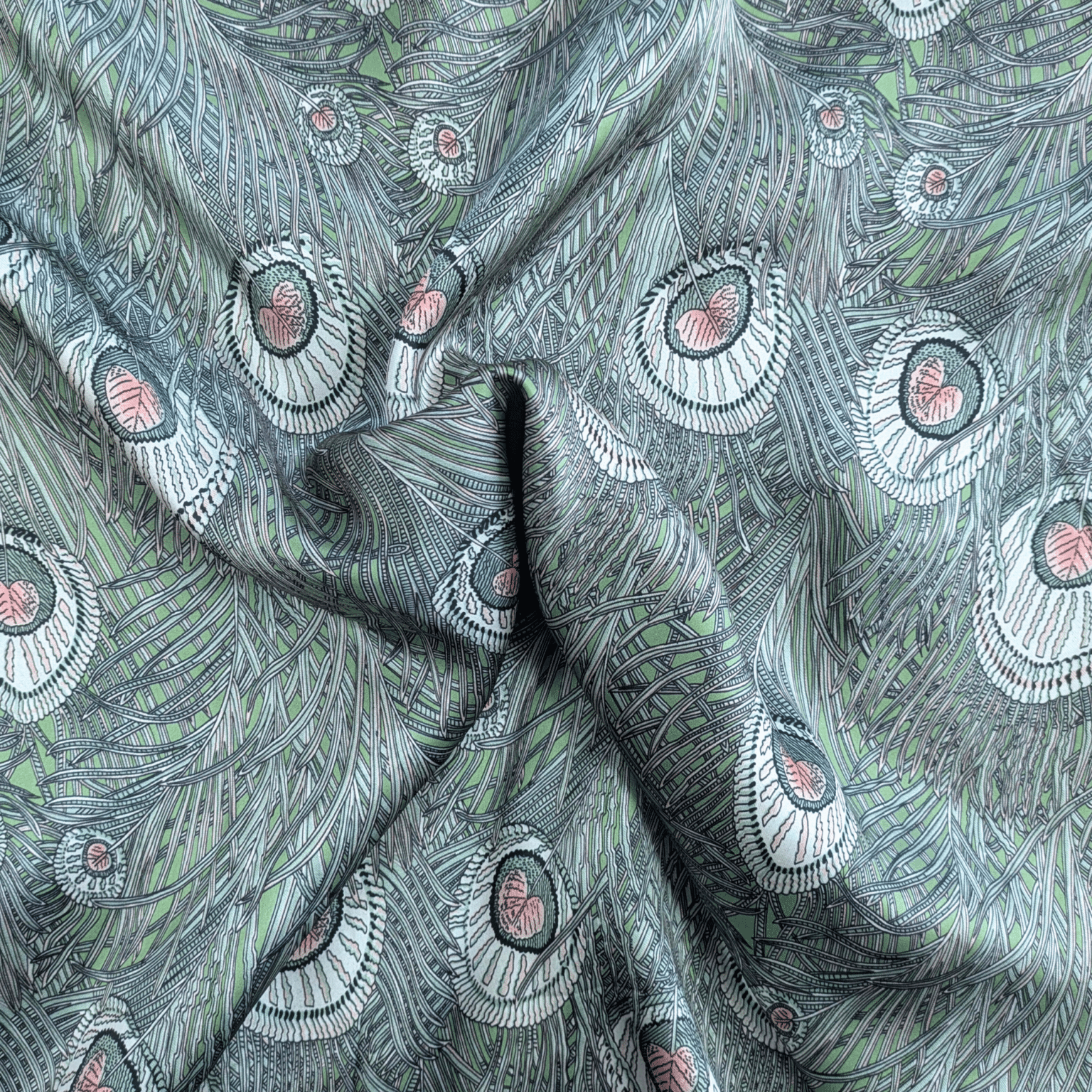 Silk Satin Fabric 16 Momme Peacock Feathers On Green 140cm Wide By The Half Metre