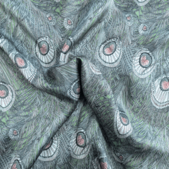 Silk Satin Fabric 16 Momme Peacock Feathers On Green 140cm Wide By The Half Metre