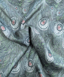 Silk Satin Fabric 16 Momme Peacock Feathers On Green 140cm Wide By The Half Metre