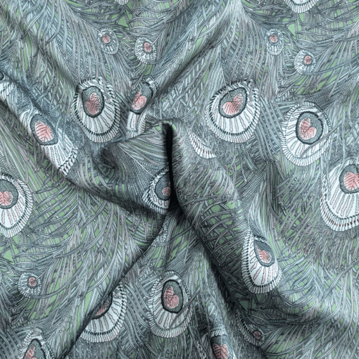 Silk Satin Fabric 16 Momme Peacock Feathers On Green 140cm Wide By The Half Metre