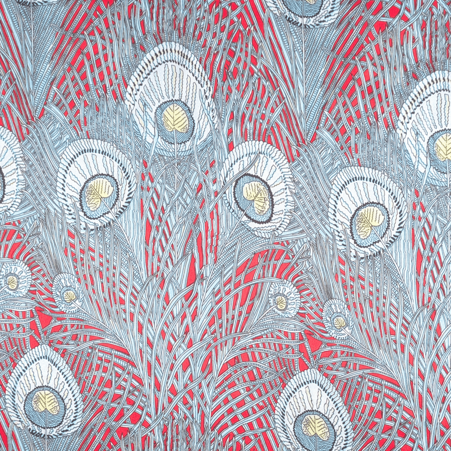 Silk Satin Fabric 16 Momme Peacock Feathers On Red 140cm Wide By The Half Metre