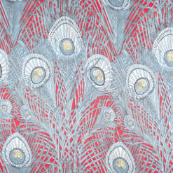 Silk Satin Fabric 16 Momme Peacock Feathers On Red 140cm Wide By The Half Metre