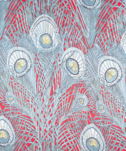 Silk Satin Fabric 16 Momme Peacock Feathers On Red 140cm Wide By The Half Metre