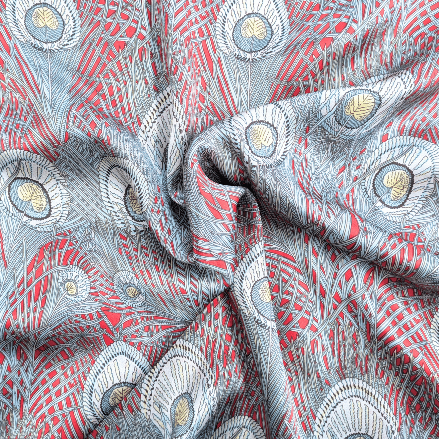 Silk Satin Fabric 16 Momme Peacock Feathers On Red 140cm Wide By The Half Metre