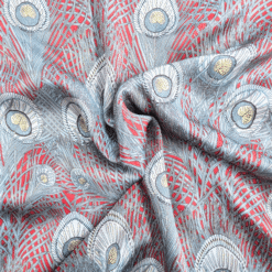 Silk Satin Fabric 16 Momme Peacock Feathers On Red 140cm Wide By The Half Metre