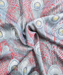 Silk Satin Fabric 16 Momme Peacock Feathers On Red 140cm Wide By The Half Metre