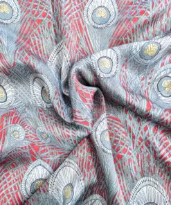 Silk Satin Fabric 16 Momme Peacock Feathers On Red 140cm Wide By The Half Metre