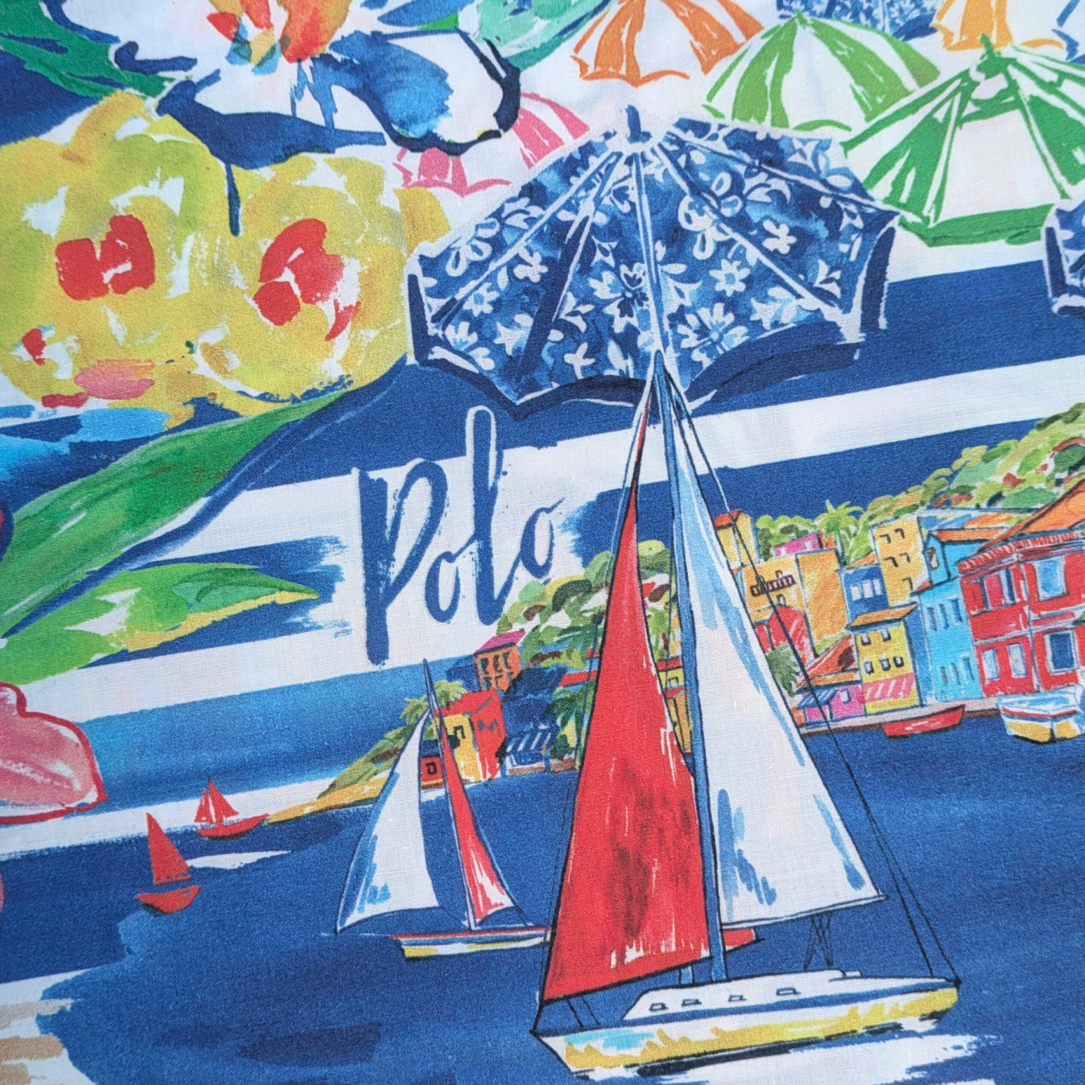 Close up of Multi-Coloured Riviera Print 100% Cotton Poplin Fabric Ex-Designer Deadstock