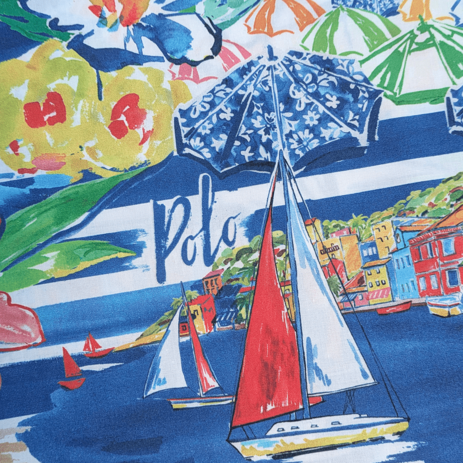 Multi-Coloured Riviera Print 100% Cotton Poplin Fabric Ex-Designer Deadstock 3 Close up of Multi-Coloured Riviera Print 100% Cotton Poplin Fabric Ex-Designer Deadstock