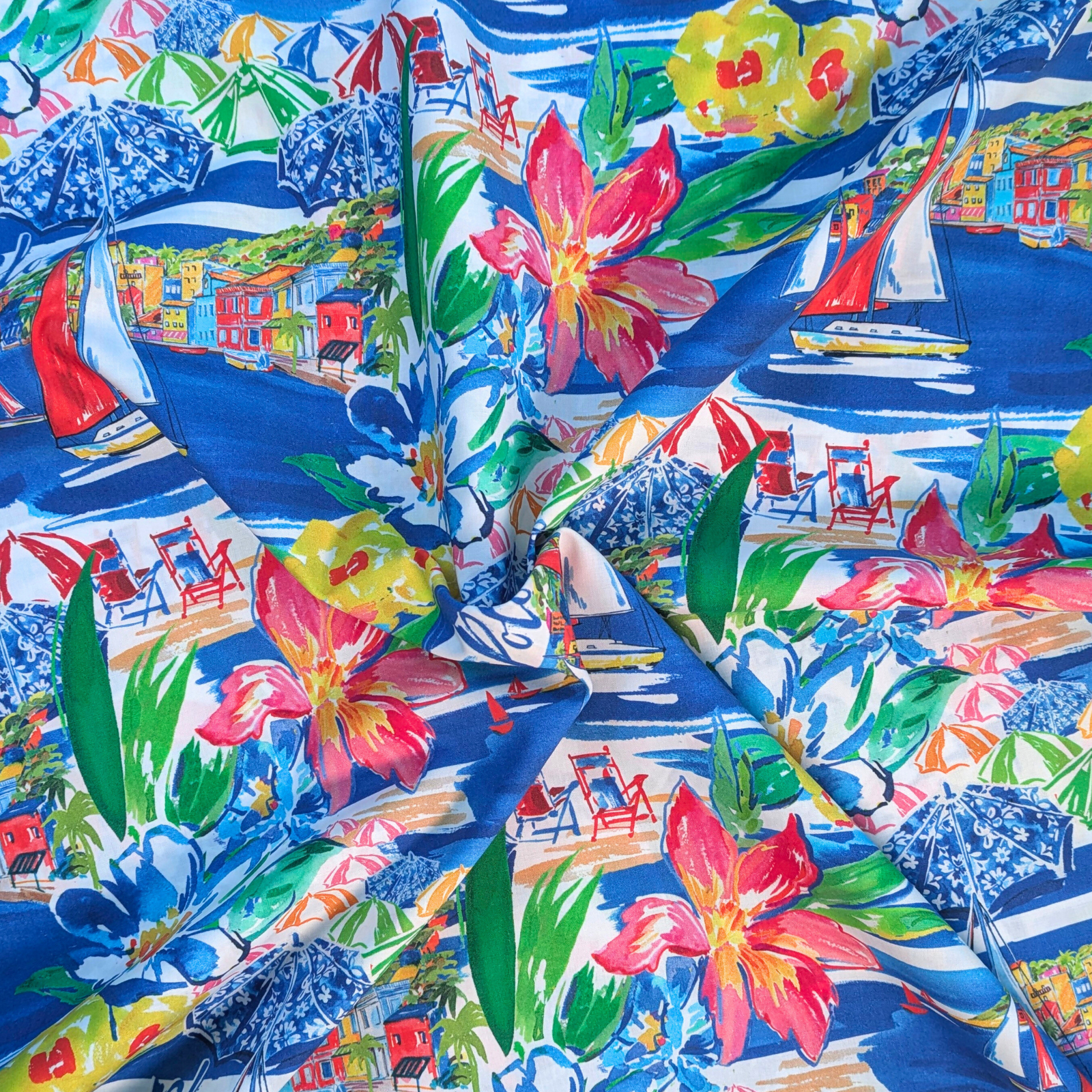 Multi-Coloured Riviera Print 100% Cotton Poplin Fabric Ex-Designer Deadstock 2 Multi-Coloured Riviera Print 100% Cotton Poplin Fabric