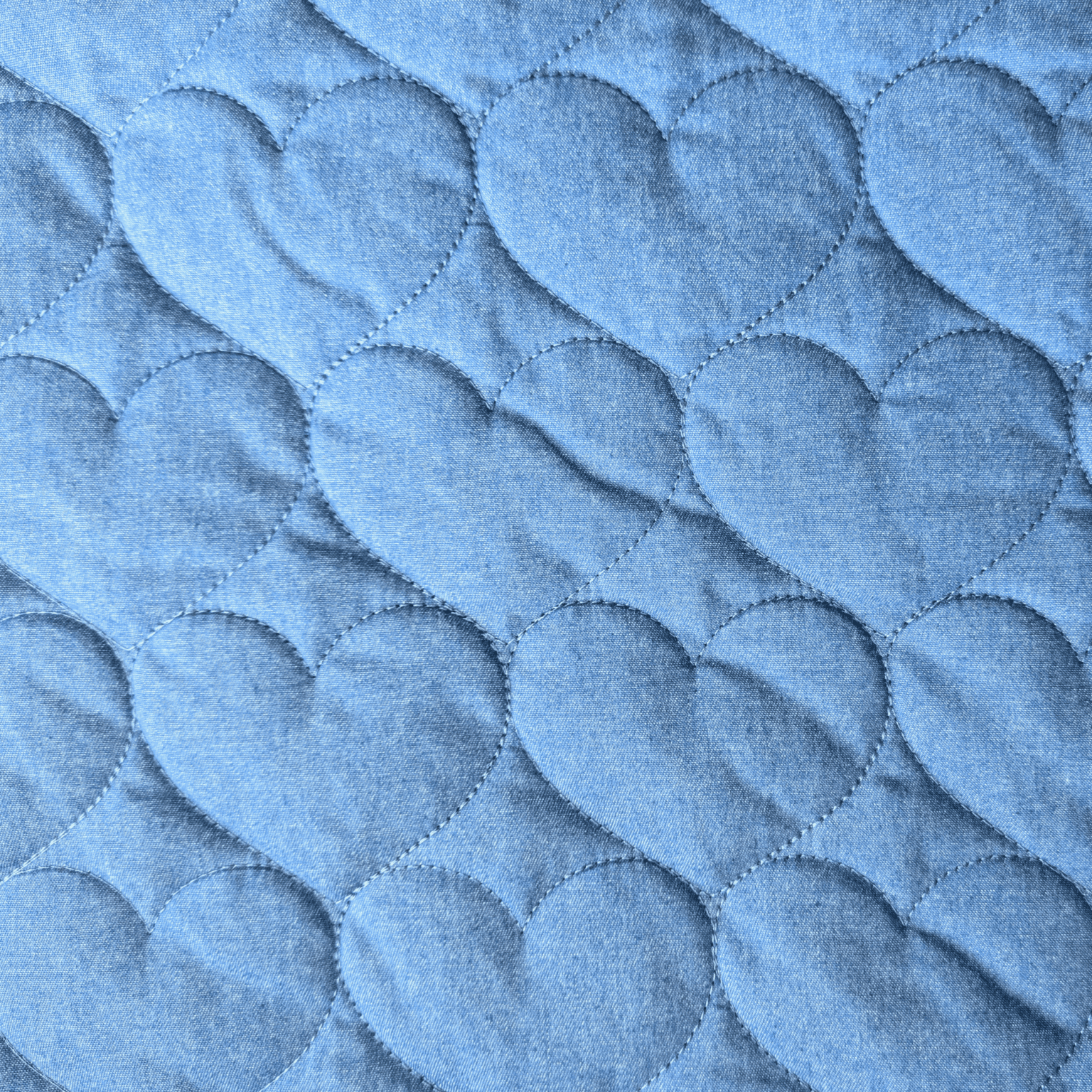 Blue Embroidered Hearts Quilted Chambray Fabric 140cm Wide For Dressmaking & Quilting