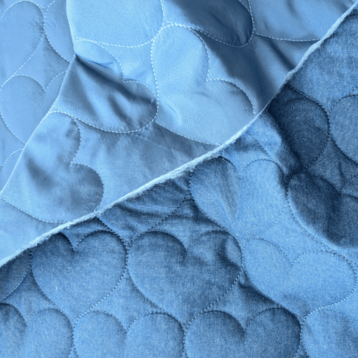 Blue Embroidered Hearts Quilted Chambray Fabric 140cm Wide For Dressmaking & Quilting