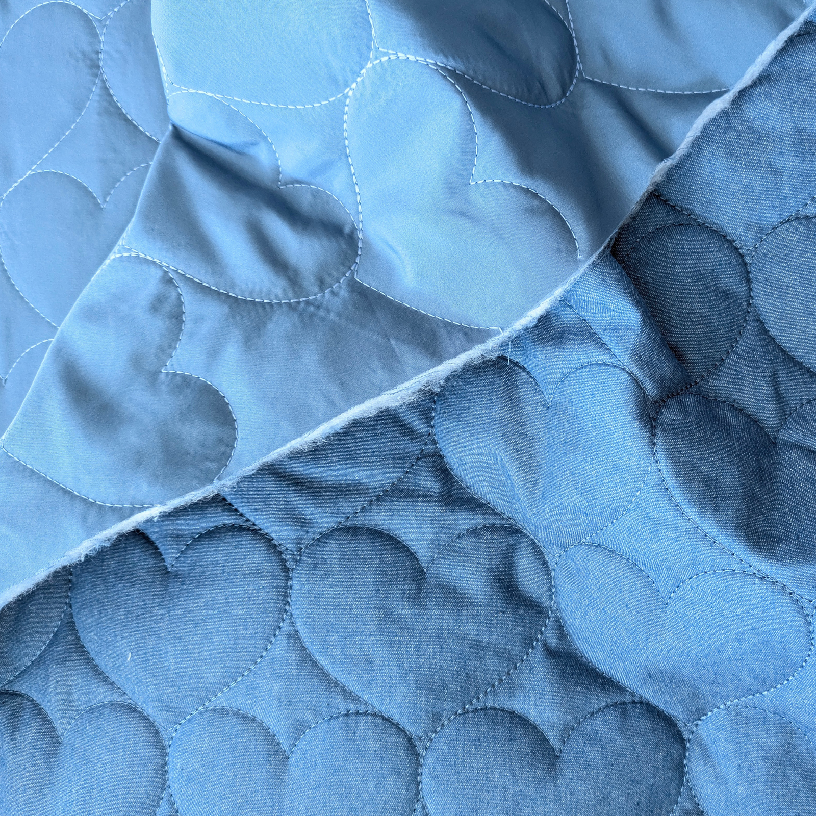 Blue Embroidered Hearts Quilted Chambray Fabric 140cm Wide For Dressmaking & Quilting 2 Blue Embroidered Hearts Quilted Chambray Fabric 140cm Wide For Dressmaking & Quilting