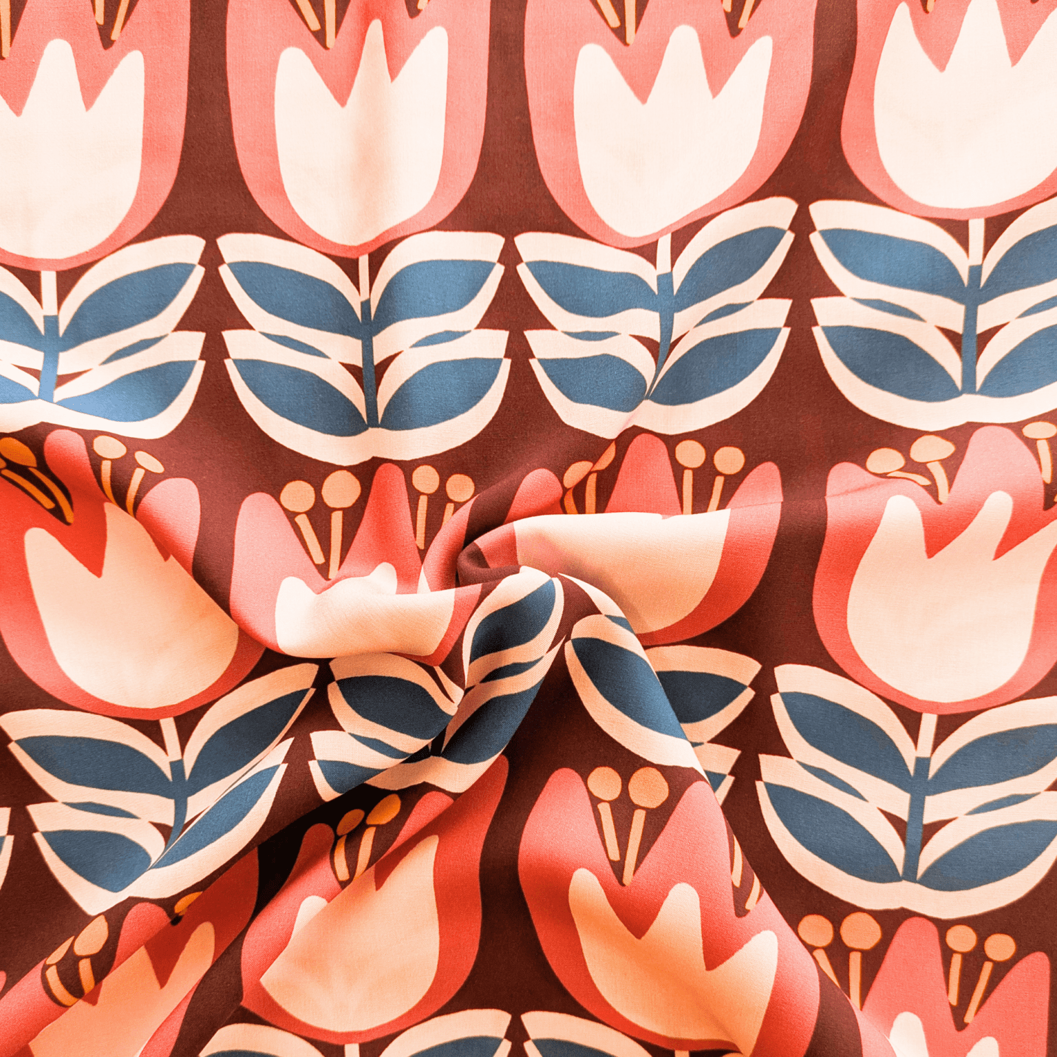 Large Tulip Viscose Fabric Lenzing Ecovero Lightweight Wine Red Floral 138cm Wide