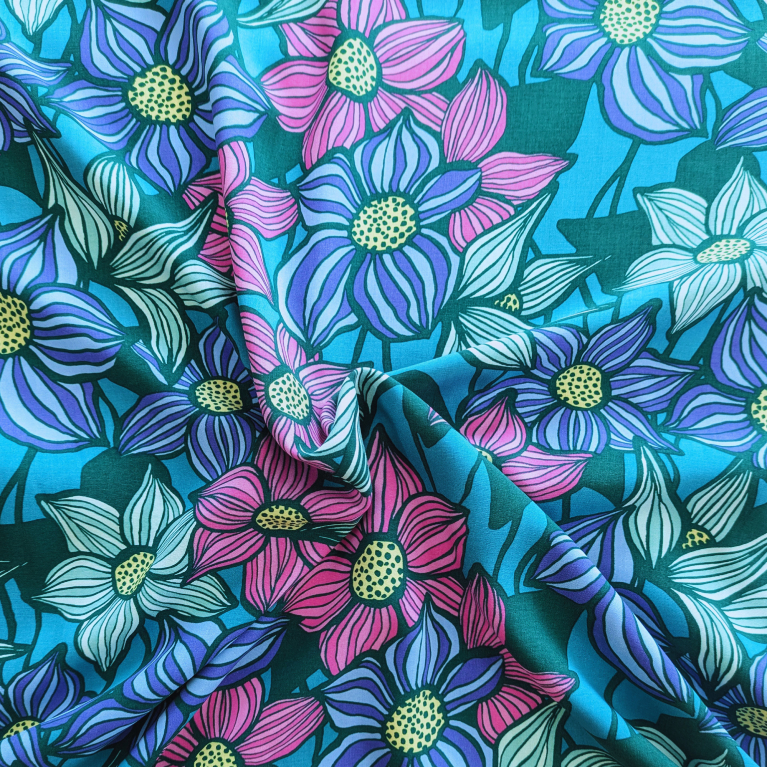 Wild Blooms Viscose Fabric Lenzing Ecovero Lightweight Teal Floral 138cm Wide