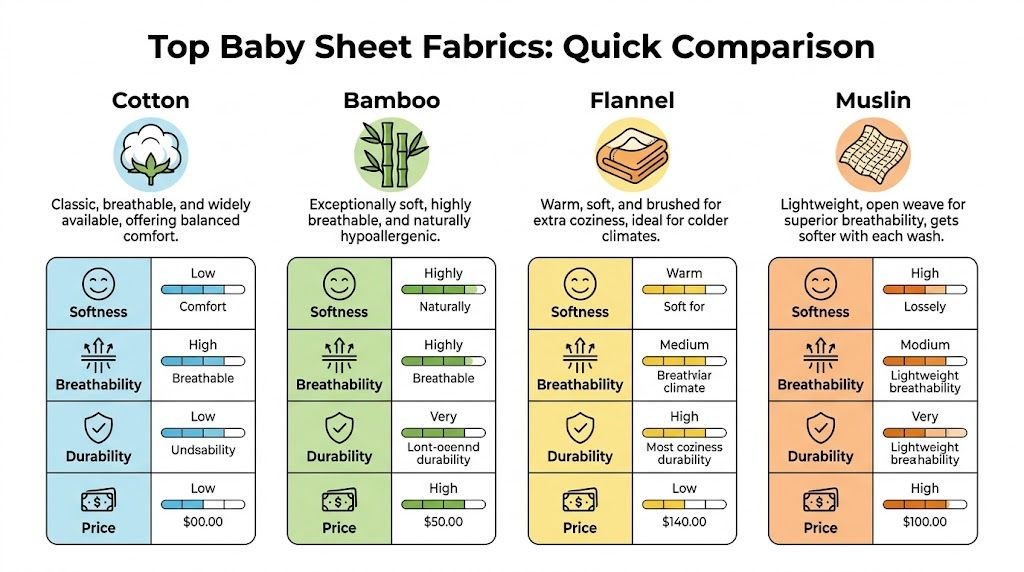 A comparison chart highlighting the differences in softness, breathability, durability, and price for baby sheet fabrics.