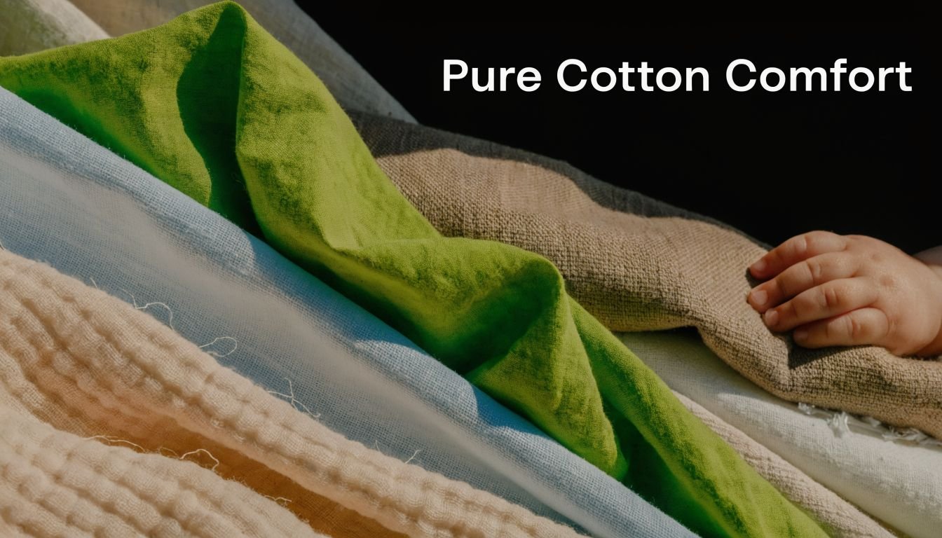 A baby's hand resting on soft, layered textile fabrics in green, beige, and blue natural cotton textures.