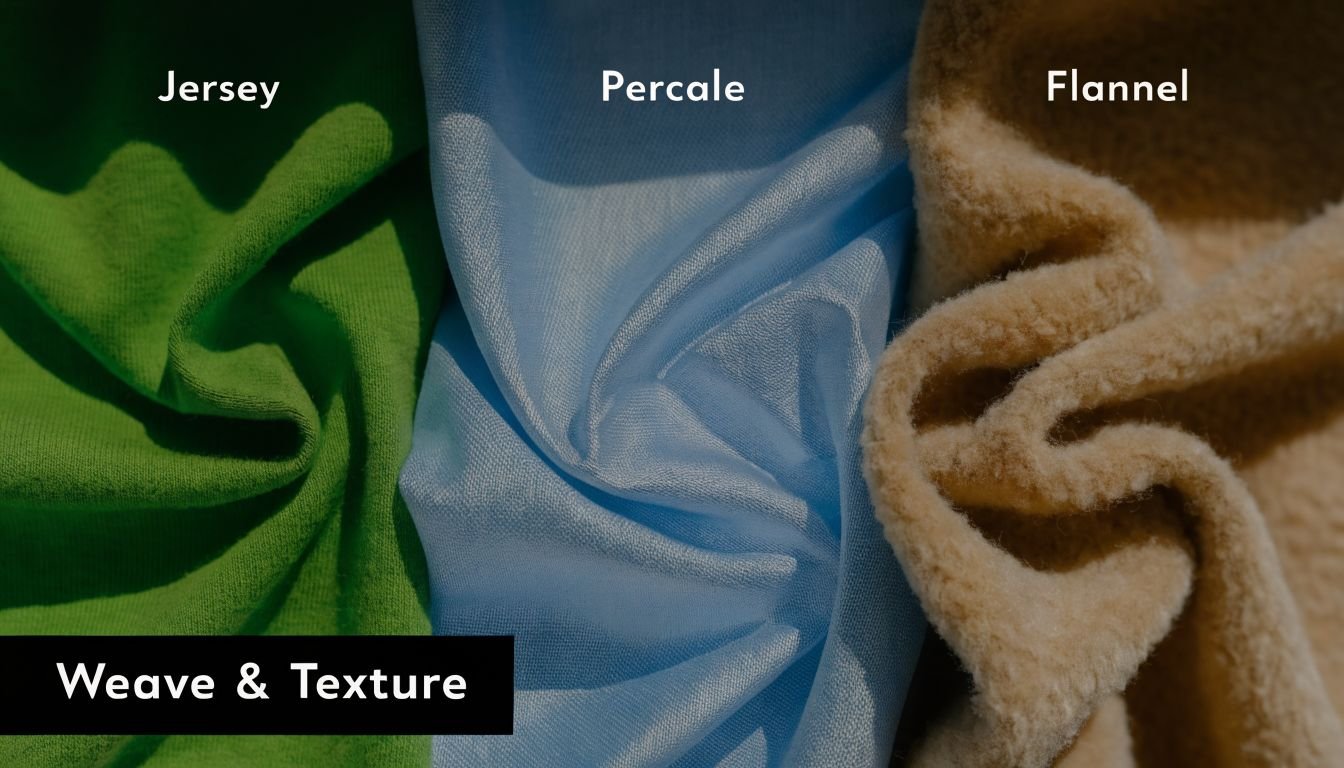 A close-up view comparing the textures of green jersey, blue percale, and tan flannel fabrics for bedding.