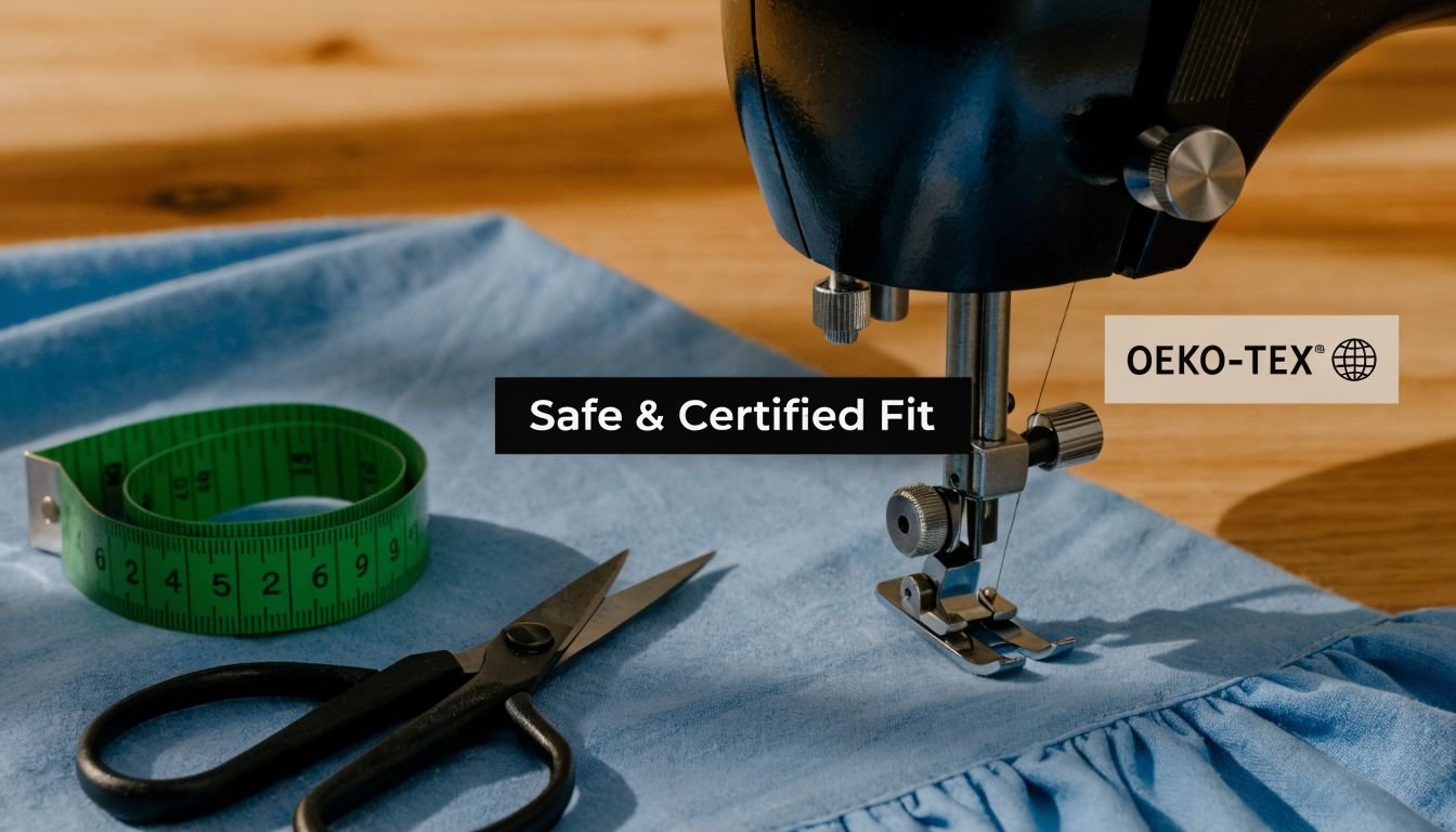 A sewing machine, measuring tape, and scissors resting on light blue fabric with an OEKO-TEX certification tag.