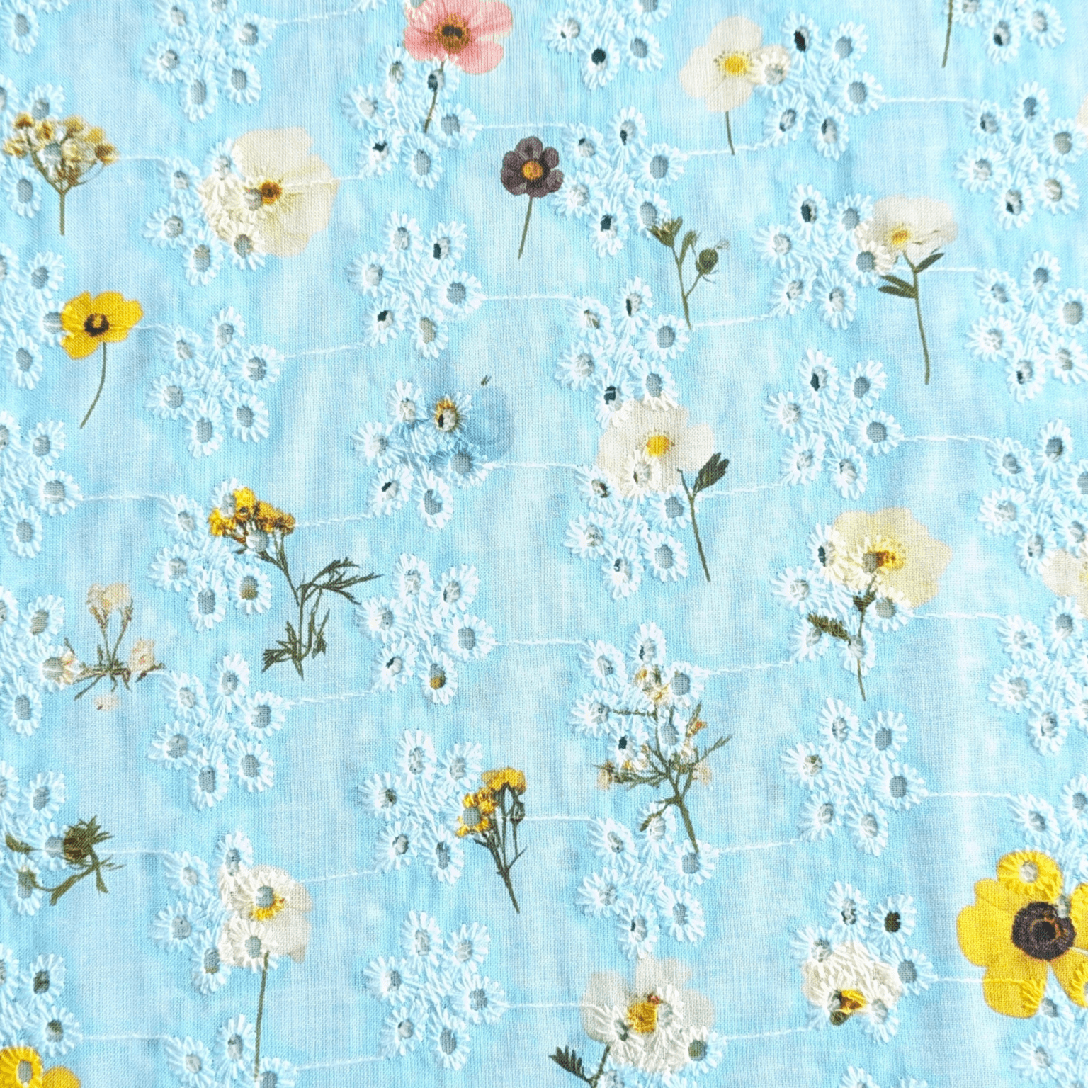 Blue Botanical Print Broderie Anglaise Cotton Fabric 130cm Wide