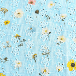 Blue Botanical Print Broderie Anglaise Cotton Fabric 130cm Wide