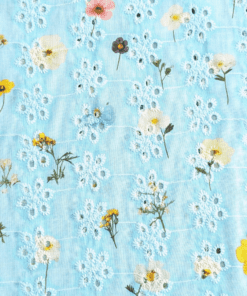 Blue Botanical Print Broderie Anglaise Cotton Fabric 130cm Wide